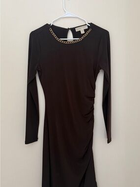 Michael Kors brown Long Sleeve Midi Dress with Gold Chain Detail